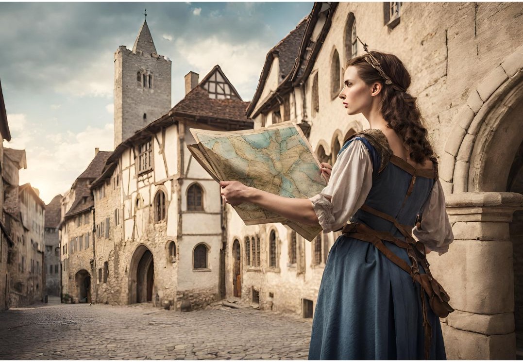 Mittelalterliche Frau die auf ein Landkarte schaut
